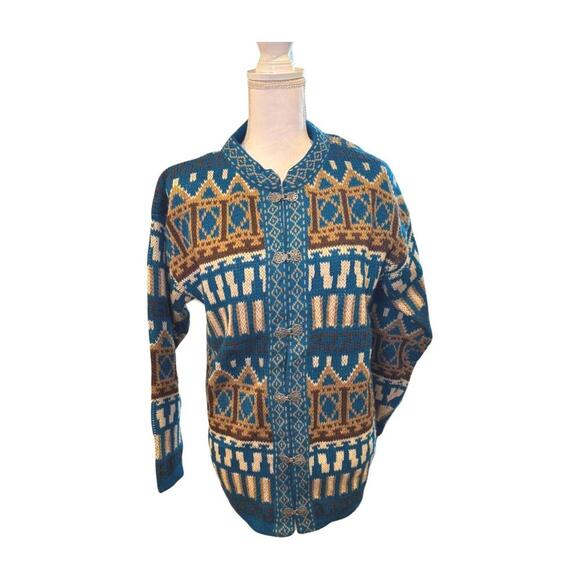 Norwegian Vintage Patterned Knit Cardigan Sweater Large